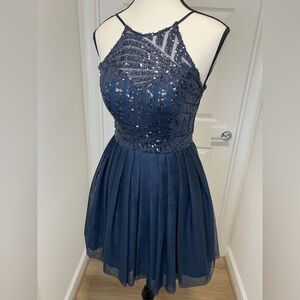 B Darlin Navy Blue Sequin Fit & Flare Dress with Bow Back – Size 0